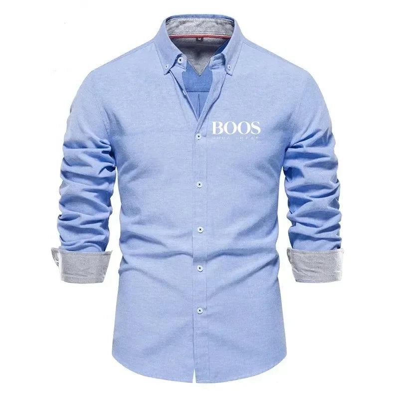 Embroidered New Spring and Autumn Pure Cotton Shirt Men's Solid Color High-quality Long Sleeved Shirt Men's Lapel Casual Top