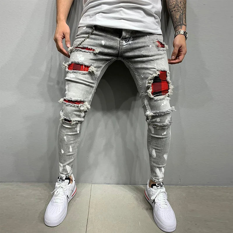 Hip Hop Men's Fashion Embroidered Jeans 2023 Street Club Ripped Denim Pants Classic Blue And White Slim Stretch Pantalon S-4XL