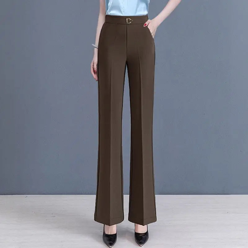 2023Women's Spring and Autumn New Fashion Elegant Solid Pocket Elastic Casual High Waist Loose Wide Leg Straight Flare Pants