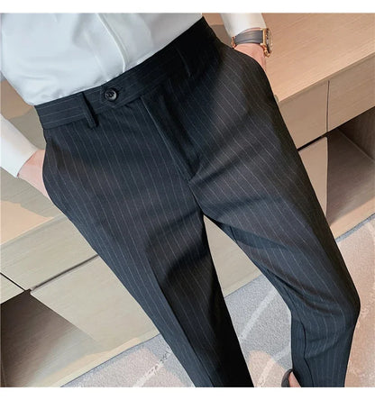 Men Boutique Black Striped Suits Pants Male Formal Wear Wedding Dress Trousers Quality British Style Business Casual Suit Pants