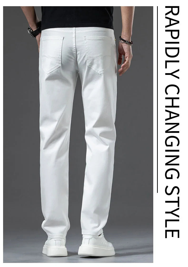 2024 New Summer Thin Men's Straight Denim Cotton Stretch Creamy-white Jeans Classic Business Pants Fashion Trousers Male Brand