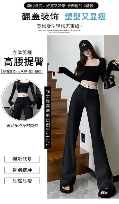 High-rise Soft Casual Trousers Women Summer New Show Thin Slimming All Verticality Straight Moped Pants Design Sense Letter