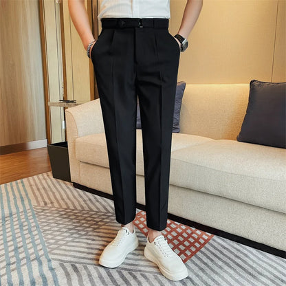 2024 Summer Fashion Belt Design Suit Pant High-waist Solid Color Business Slim Fit Formal Wedding Social Dress Ankle Pants 38-28