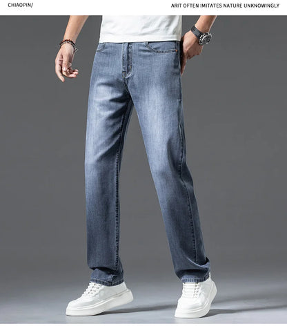 2024 spring and summer new styles Men's baggy jeans light blue Stylish thin lyocell stretch jeans