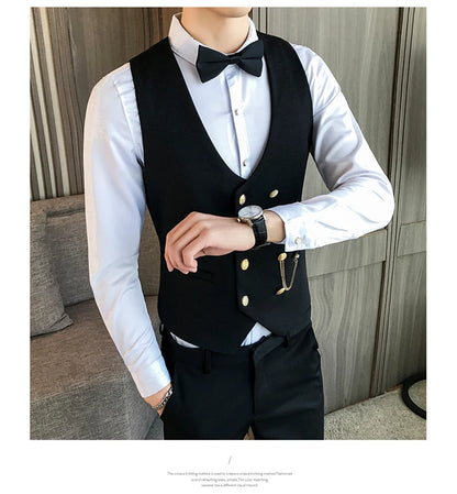 2025 Latest Style Double Breasted Men Suit Vest Gold Button Slim Fit Formal Groom Wedding Vest Streetwear Sleeveless Vest Jacket