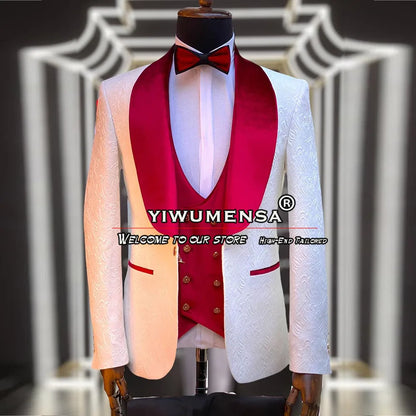 Latest Men Suits White Jacquard Black Velvet Lapel Blazer Sets Formal Wedding Groomsman Tuxedo Tailor-Made Man Marriage Clothing