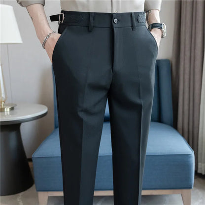 Summer Suit Pants Men Fashion Smart Casual Suit Trousers Slim Fit Wedding Party Formal Dress Mens Solid Color Ankle Length Pants