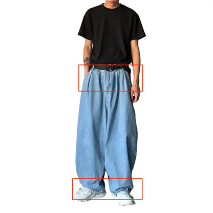 1Pc Trendy Oversize Jeans Zipper Fly/Drawstring Dressing Up Brushed Pants Thin Baggy Jeans Retro Wide Leg Man Pants Men Clothing