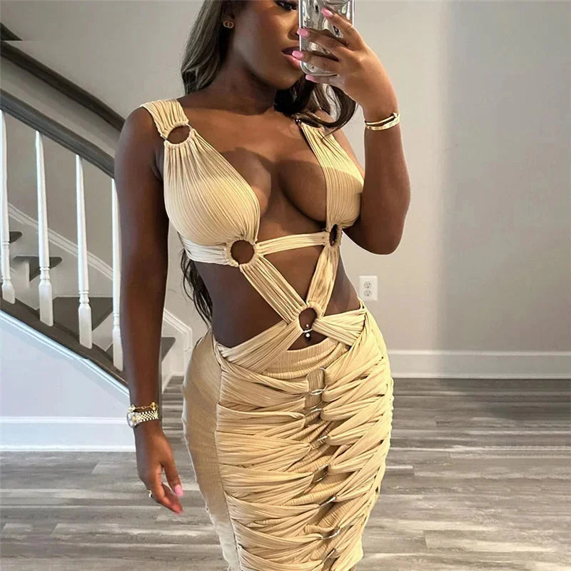 Sexy Hollow Out Backless Bandage Maxi Dress Chic Y2K Backless Sleeveless Stretch Robe Luxury Beach Party Bodycon Evening Dress