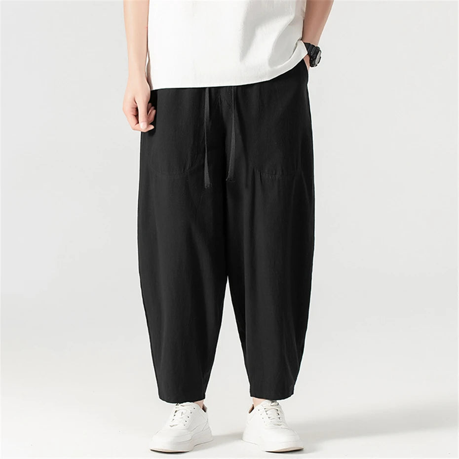 Linen Pants Men Baggy Pants Plus Size 9XL Summer Ankle-length Pants Male Solid Color Bottom Big Size 9XL