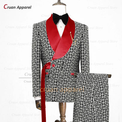 Luxury Men Suit Slim Fit Fashion Designs Plaid Pattern Printing Tuxedos for Men Custom Wedding Party Jacket Pants 2 Pieces Set