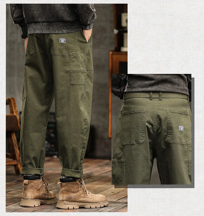 HIQOR Mens Clothing Spring Autumn Cargo Pants Man Cotton Casual Loose Trouser Belt Mid Waist Joggers Male Straight Baggy Pants