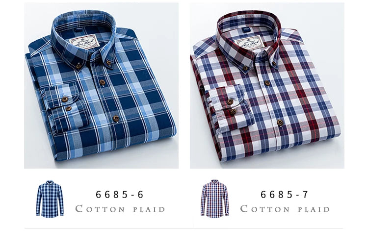 Men's Plaid Checkered Long Sleeve Shirts Contrast Color No Pocket Comfortable 100% Cotton Casual Standard Fit Button Down Shirt