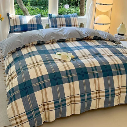 Check Pattern Gentleman Plaid Printed Bedding Set Floral Duvet Cover Pillowcase Set Bed Sheet Quilt Cover Single Queen King Size