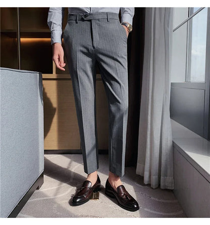 Men Boutique Black Striped Suits Pants Male Formal Wear Wedding Dress Trousers Quality British Style Business Casual Suit Pants