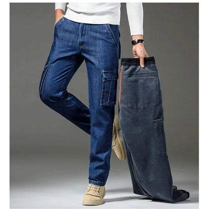 Winter Men's Cargo Jean Fleece Pants With Multi-pockets Loose Style Motorcycle Denim Trousers For Male Washed Size 29-44