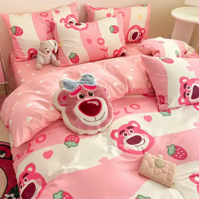 Toy Story Lotso Buzz Lightyear Alien Mickey Stitch Pooh Bear Fun Cartoon Printed Cotton Sheets and Quilt Covers Three Piece Set