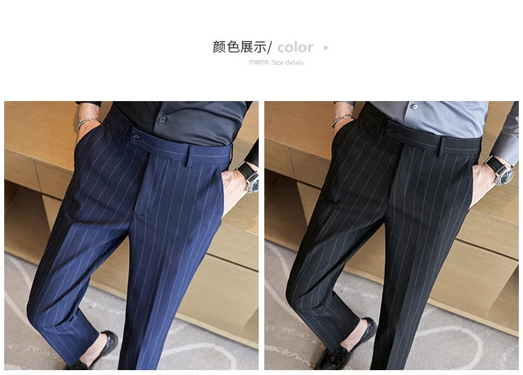 Men's Striped Suit Pants Elastic 2024 Autumn New Social Casual Trousers Slim Fit Suit Pants Business Office Wedding Men Clothing