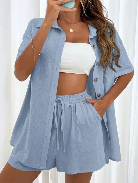 Solid Color Shorts Two-piece Set 2024 Summer Casual Women's Fashion Casual Loose Shorts Single Breasted Shirt Set