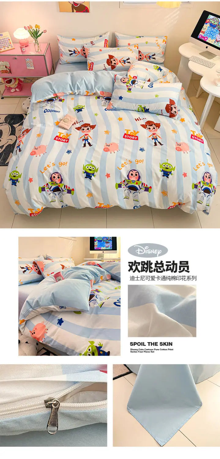 Toy Story Lotso Buzz Lightyear Alien Mickey Stitch Pooh Bear Fun Cartoon Printed Cotton Sheets and Quilt Covers Three Piece Set