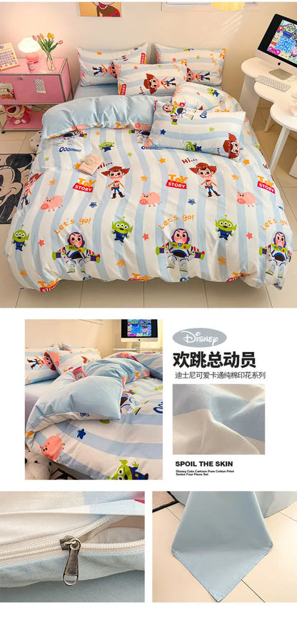 Toy Story Lotso Buzz Lightyear Alien Mickey Stitch Pooh Bear Fun Cartoon Printed Cotton Sheets and Quilt Covers Three Piece Set