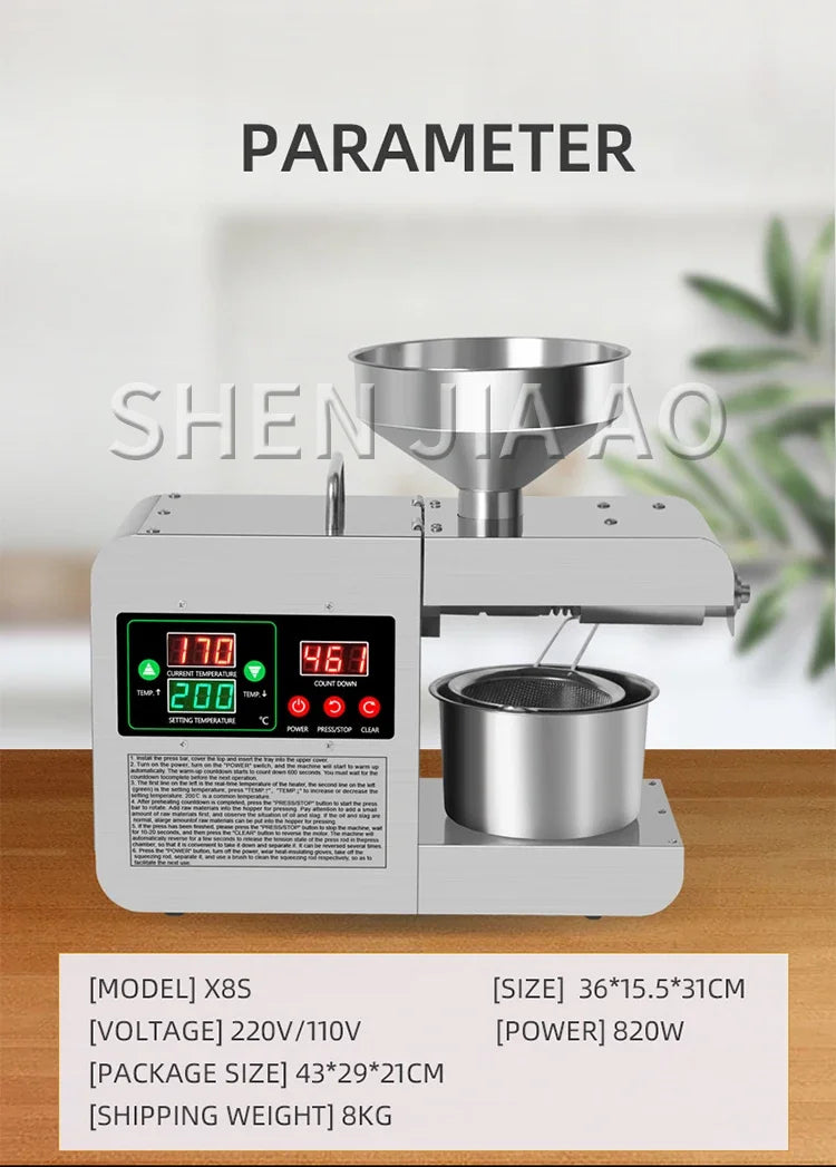 X8S New Upgraded Intelligent Temperature Control Oil Press Stainless Steel Cold Press Flaxseed Peanut Coconut Meat Oil Press