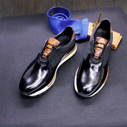 Men's Genuine Leather Casual Shoes Thick Sole Glossy Lace Up Comfortable Handmade Sneakers Dating Marriage Street Men's Shoes