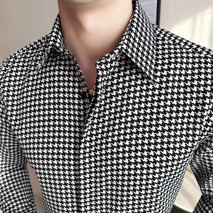 High Quality Vintage Houndstooth Long Sleeve Social Shirts For Men Clothing 2024 Business Slim Fit Casual Prom Tuxedo Non-Iron