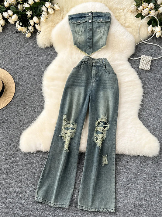 SINGREINY American Hot Girl Denim Suits Strapless Single Tassels Mini Irregular Tops+Holes Long Jeans Female INS Streetwear Sets