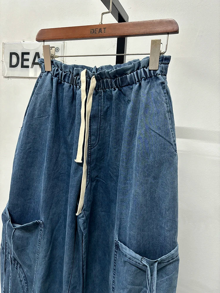 DEAT Women's High Elastic Waist Jeans Drawstring Bandage Design 2024 Autumn Fashion Loose Straight Wide Leg Denim Pants 11A0731