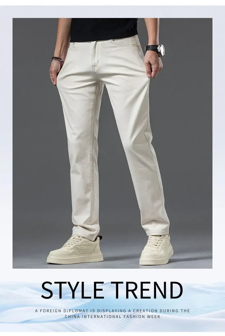 2024 New Summer Thin Men's Straight Denim Cotton Stretch Creamy-white Jeans Classic Business Pants Fashion Trousers Male Brand