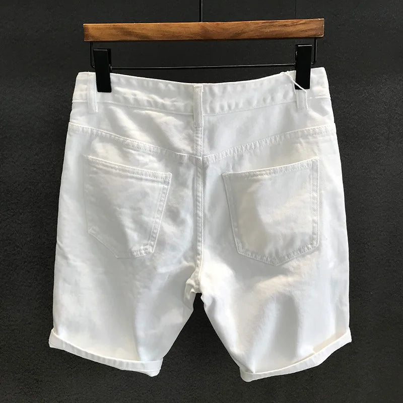 Summer Men's White Ripped Jeans Shorts Soft and Comfortable Stretch Casual Distressed Washed Cowboy Denim Jeans Male Short Pants