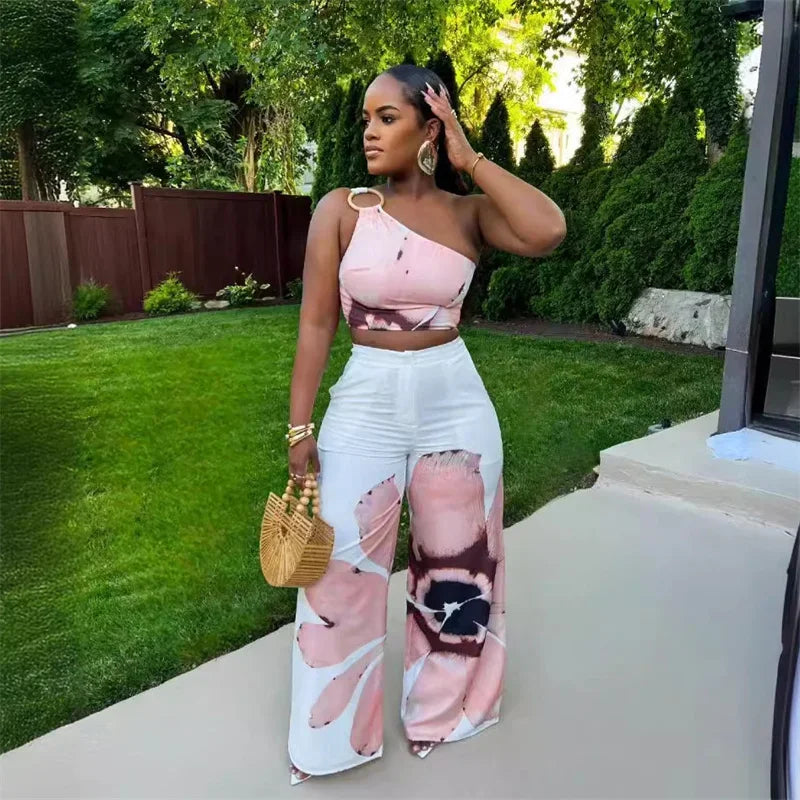 Floral Print Summer Two Piece Set Women Holiday One Shoulder Crop Top and Loose Wide Leg Pants Matching Sets Outfits Vacation