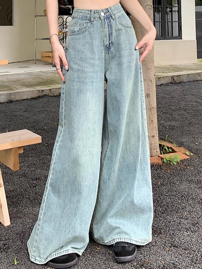 Women High Waist Korean Slacks Wide Leg Jeans Girls Punk 90s Vintage Denim Straight Leg Pants Female Light Blue Baggy Trousers