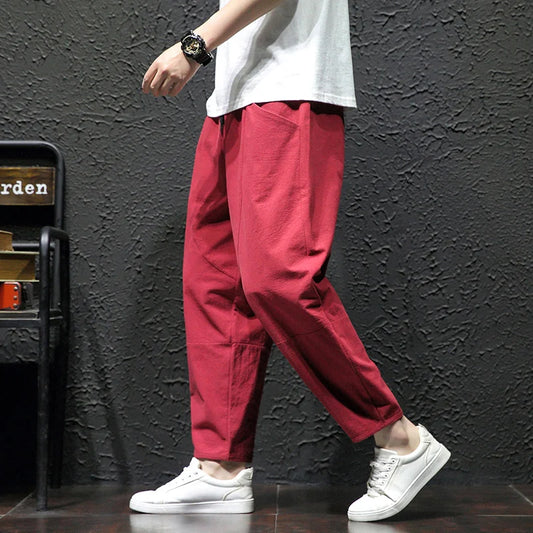 100% Cotton Ankle Length Pants Summer Casual Pants Man Trendy Japanese Loose Pants Men