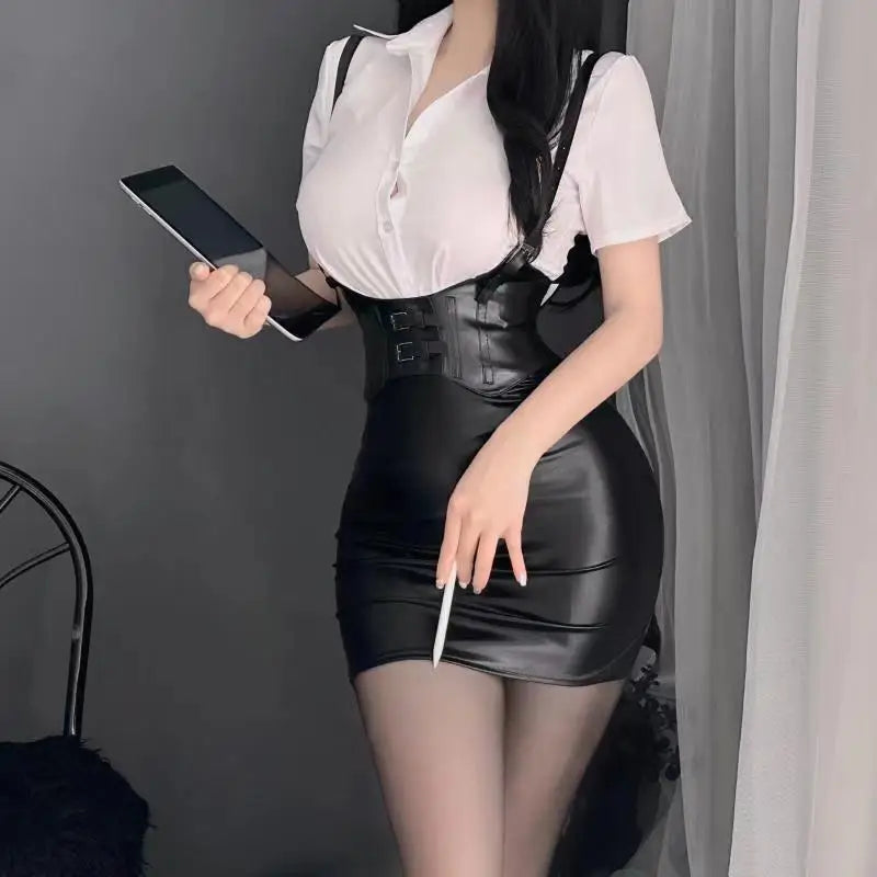 New Style Women Thin Soft Slim Wrap Buttock Secretary Uniform Sexy Leather Hirt Skirt Set Charm Mature Elegant Suspender UZDV