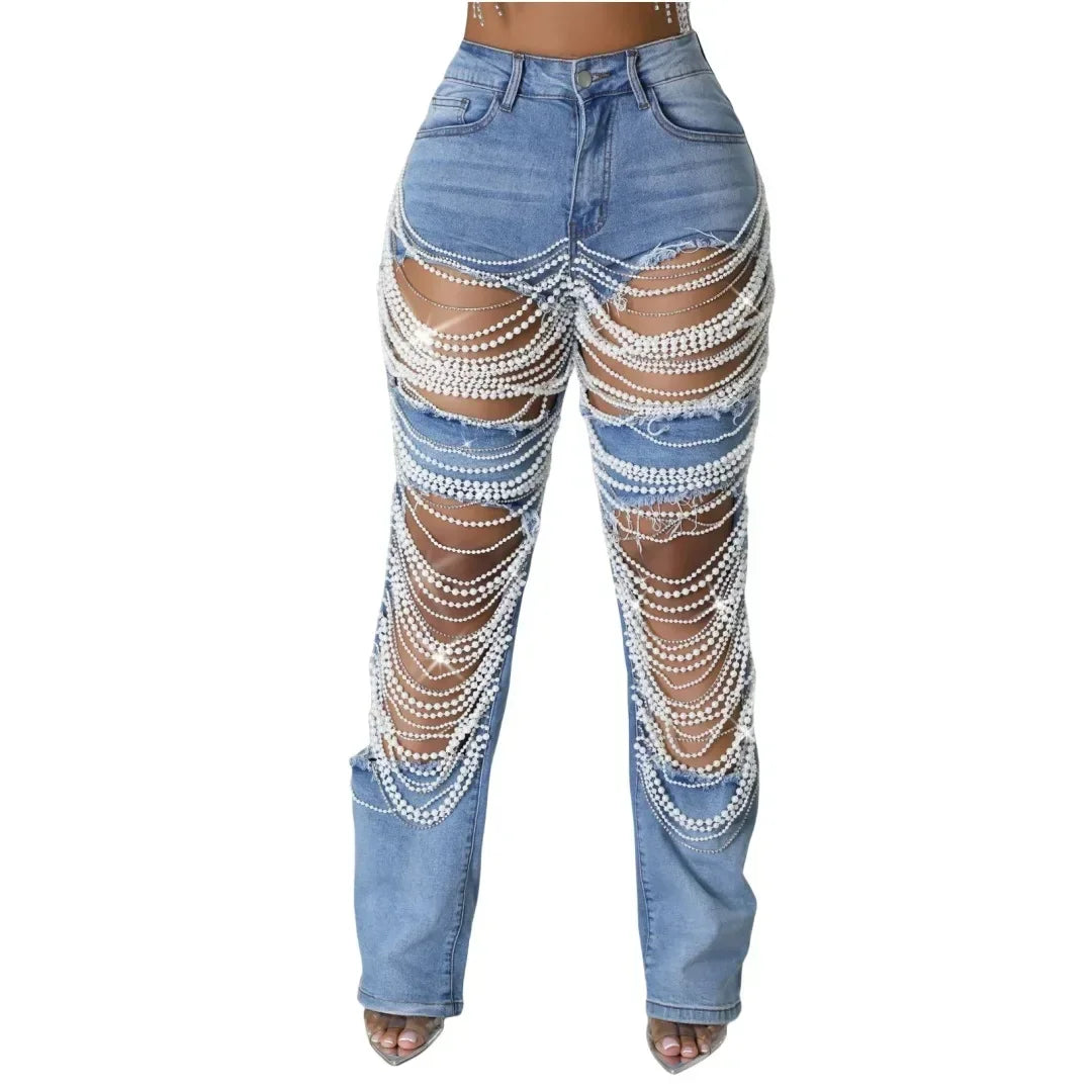 Spice Girl Summer Pants Ripped Heavy Industry Beaded Elastic Jeans Trousers Women JEANS