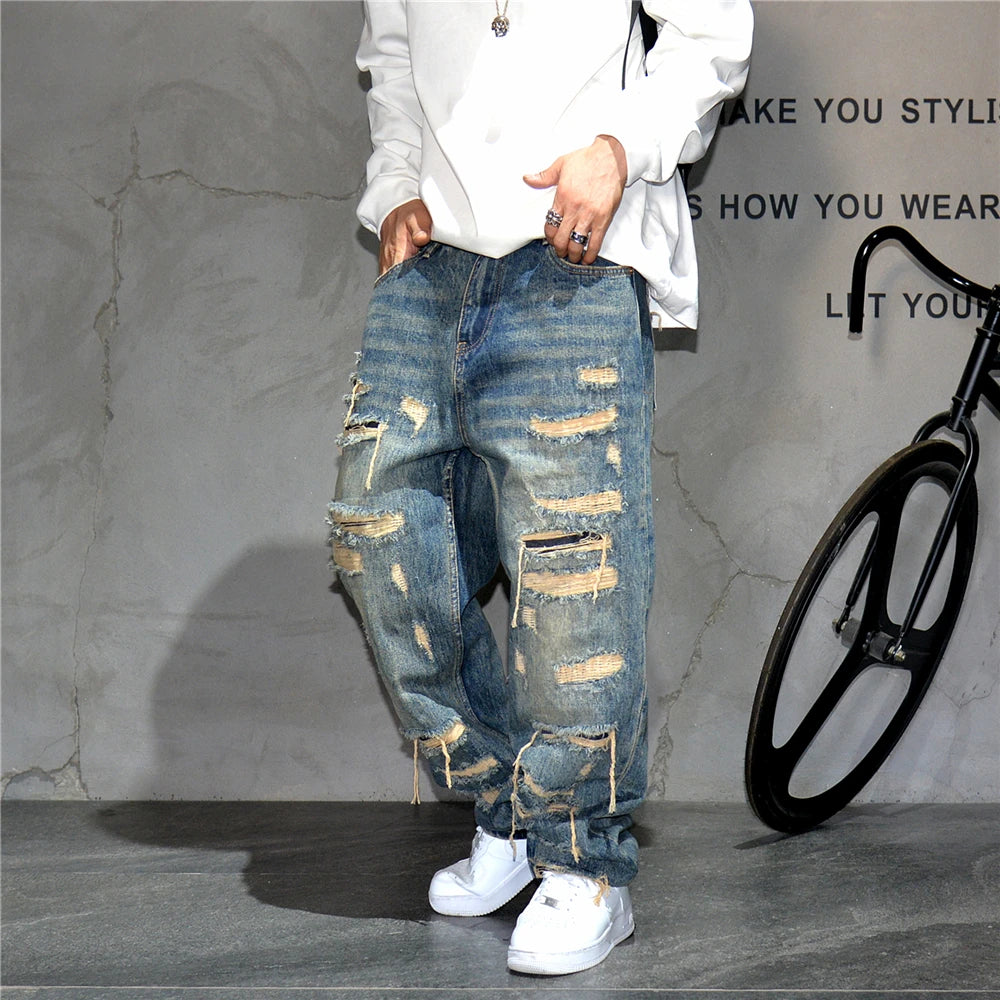 Mens Ripped Baggy Jeans Distressed Denim Streetwear Skateboard Pants Straight Leg Patchwork Oversized Urban Fashion Workwear