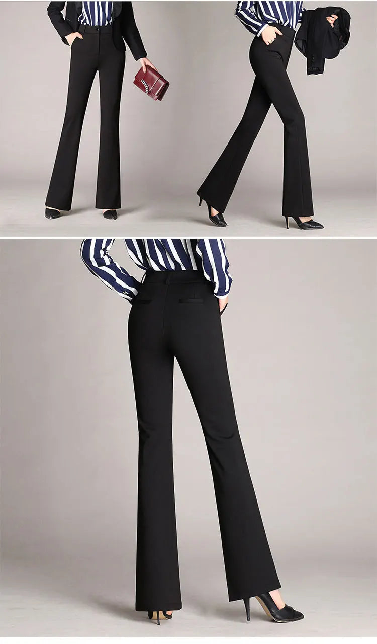 Solid Elegant Full Length Women's Pants Autumn Casual Wide Leg Flared Pants Vintage High Waist OL Ladies Career Long Trousers