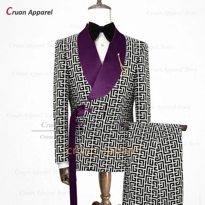 Luxury Men Suit Slim Fit Fashion Designs Plaid Pattern Printing Tuxedos for Men Custom Wedding Party Jacket Pants 2 Pieces Set