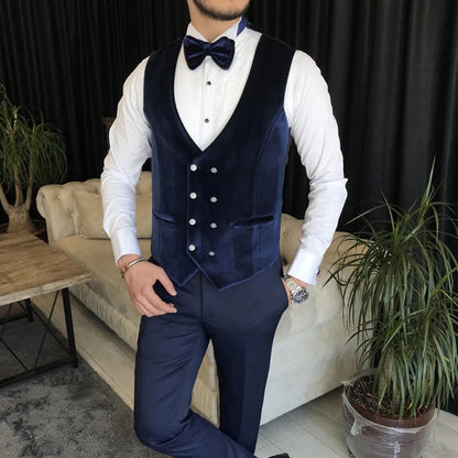 Best White And Navy Wedding Suit Peaky Blinder Velvet Vest Three Pieces Groom Suits Formal Dinner Party Bussiness Customized