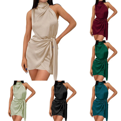 Casual Women'S Dresses Women'S Satin Sleeveless Backless Turtleneck Tie Waist Wrap Bodycon Cocktail Mini Dress 여성여름옷