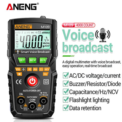 ANENG M109 Digital Multimeter Smart AC Voltage Meter 4000 Count Voice BroadcastTest/NCV/Capacitance/Resistance/Ohm Tester Tools