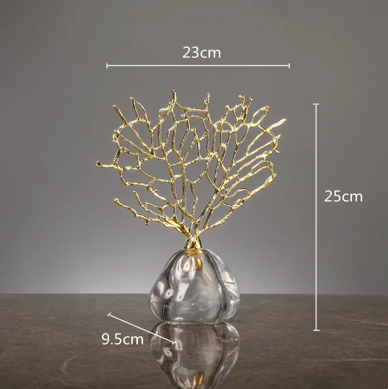 Imitation Coral Ornaments Crystal Metal Tree Glass Vase Hollow Metal Frame Resinous Coral Ocean Decorative Figurines Home Decor