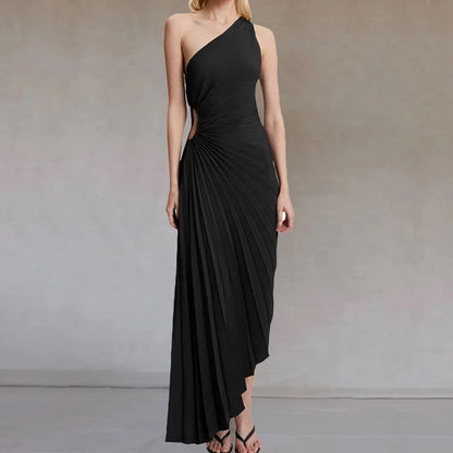 Elegant Women Ruffled Pleated Diagonal Collar Maxi Dress Evening Dress Spring Summer Backless Sleeveless Irregular Party Dresses