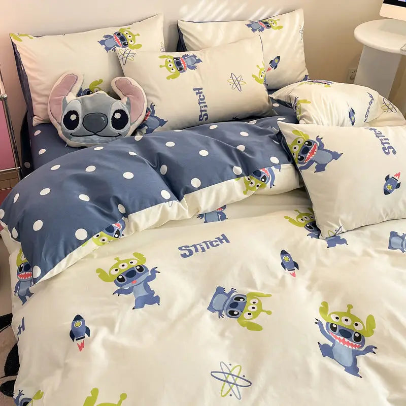 Toy Story Lotso Buzz Lightyear Alien Mickey Stitch Pooh Bear Fun Cartoon Printed Cotton Sheets and Quilt Covers Three Piece Set