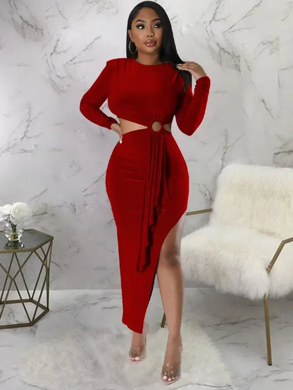 GUWU Ruched Up Cutout Front Long Sleeve High Side Slit Bodycon Midi Maxi Dress Asymmetrical Sexy Fashion Women Party Vestidos