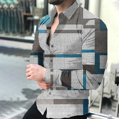 Long Sleeve Hawaiian Shirt 3D Printed Lapel Shirt Men's Fashion Shirt Geometric Beach Shirt Luxury Men's Clothing