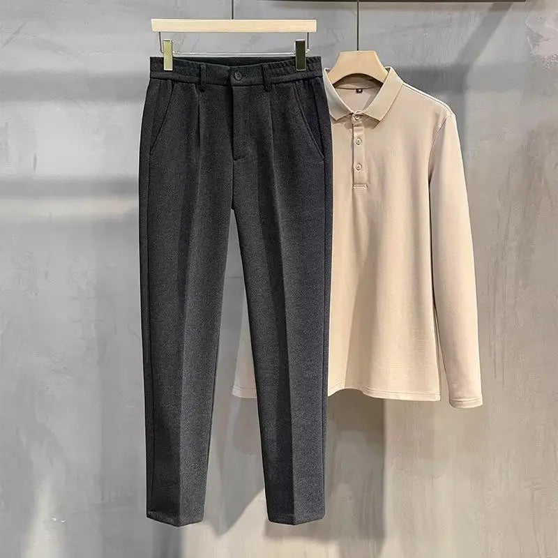 Men's Elastic Button Zipper Ruched Pockets Spliced Straight Slim Business Casual Spring Autumn Winter Solid Color Woolen Pants