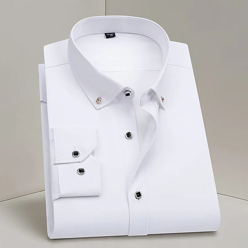 Hot Sale Men's Business Dress Shirt Formal Fashion Thin Classic Basic Diamond Button Long Sleeve Social White Shirt Men Clothing